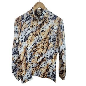 ST JOHN Leopard Animal Print Turtleneck Long Sleeve Stretchy Top Blouse L